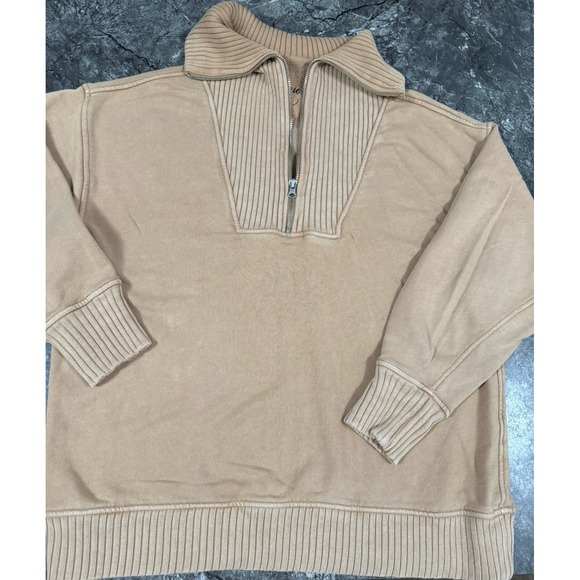 Aerie Womens Down to Earth Quarter Zip Pullover Sweatshirt Oversized Beige Small - Picture 4 of 12